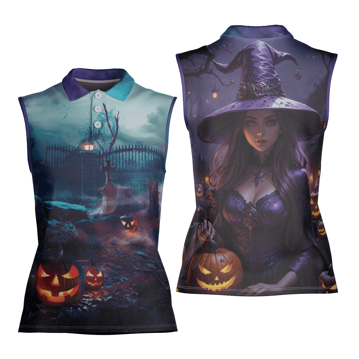 Halloween Pumpkin Witch Women’s Sleeveless Athleisure Polo Shirt